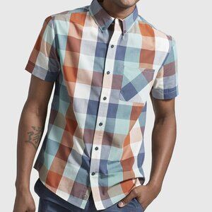 NWT United By Blue EcoDry Short Sleeve Ginham Check Plaid Button Down Clay Men M